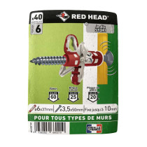 40 chevilles tous supports MX Ø6 x 37mm + vis 3,5 x 45mm Red Head