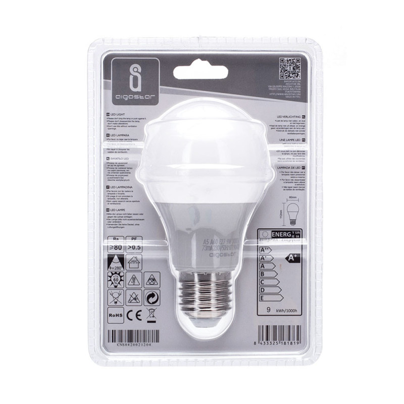 Ampoule LED E27 Standard 9W - basse consommation (équivalent 60W) - Blanc  chaud