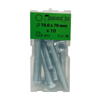 Boite 10 vis 10 x 70mm tête hexagonale + écrou classe 8.8 zingué - Viswood