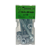 Boite 10 vis 10 x 80mm tête hexagonale + écrou classe 8.8 zingué - Viswood