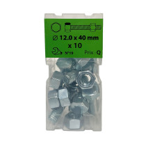 Boite 10 vis 12 x 40mm tête hexagonale + écrou classe 8.8 zingué - Viswood