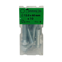 Boite 10 vis 12 x 60mm tête hexagonale + écrou classe 8.8 zingué - Viswood