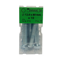 Boite 10 vis 12 x 80mm tête hexagonale + écrou classe 8.8 zingué - Viswood