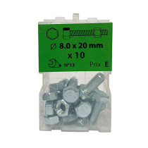 Boite 10 vis 8 x 20mm tête hexagonale + écrou classe 8.8 zingué - Viswood