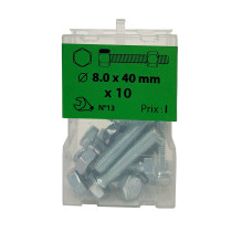 Boite 10 vis 8 x 40mm tête hexagonale + écrou classe 8.8 zingué - Viswood