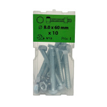 Boite 10 vis 8 x 60mm tête hexagonale + écrou classe 8.8 zingué - Viswood