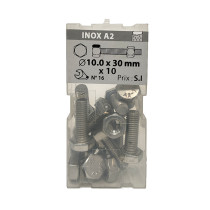 Boite 10 vis 10 x 30mm têtes hexagonale + écrou inox A2 - Viswood