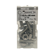 Boite 10 vis 10 x 40mm têtes hexagonale + écrou inox A2 - Vissal