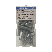 Boite 10 vis 10 x 40mm têtes hexagonale + écrou inox A4 - Vissal