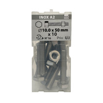 Boite 10 vis 10 x 50mm têtes hexagonale + écrou inox A2 - Viswood