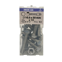 Boite 10 vis 10 x 50mm têtes hexagonale + écrou inox A4 - Vissal