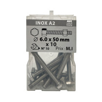 Boite 10 vis 6 x 50mm têtes hexagonale + écrou inox A2 - Viswood