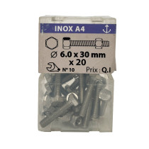 Boite 20 vis 6 x 30mm tête hexagonale + écrou inox A4 - Vissal