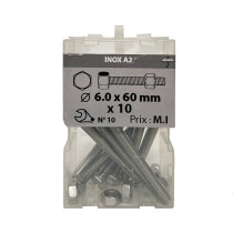 Boite 10 vis 6 x 60mm tête hexagonale + écrou inox A2 - Viswood