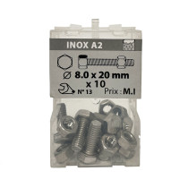 Boite 10 vis 8 x 20mm tête hexagonale + écrou inox A2 - Viswood