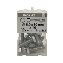 Boite 10 vis 8 x 30mm tête hexagonale + écrou inox A2 - Viswood