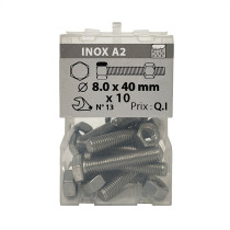 Boite 10 vis 8 x 40mm tête hexagonale + écrou inox A2 - Viswood