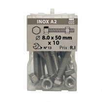 Boite 10 vis 8 x 50mm tête hexagonale + écrou inox A2 - Viswood