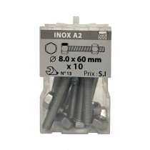 Boite 10 vis 8 x 60mm tête hexagonale + écrou inox A2 - Viswood