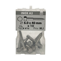 Boite 10 vis à bois 6 x 40mm tête hexagonale inox A2 - Viswood