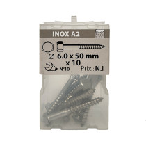 Boite 10 vis à bois 6 x 50mm tête hexagonale inox A2 - Viswood