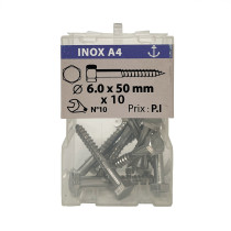 Boite 10 vis à bois 6 x 50mm tête hexagonale inox A4 - Viswood