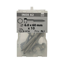 Boite 10 vis à bois 6 x 60mm tête hexagonale inox A2 - Viswood