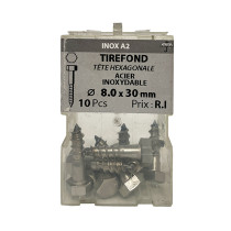 Boite 10 vis à bois 8 x 30mm tête hexagonale inox A2 - Viswood