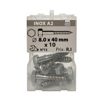 Boite 10 vis à bois 8 x 40mm tête hexagonale inox A2 - Viswood