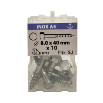 Boite 10 vis à bois 8 x 40mm tête hexagonale inox A4 - Vissal