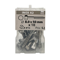 Boite 10 vis à bois 8 x 50mm tête hexagonale inox A2 - Viswood