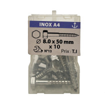 Boite 10 vis à bois 8 x 50mm tête hexagonale inox A4 - Viswood