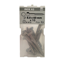 Boite 10 vis à bois 8 x 60mm tête hexagonale inox A2 - Viswood