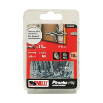 10 chevilles métal à expansion Ø6 x 34mm + vis M6 Ø6 x 43mm Molly