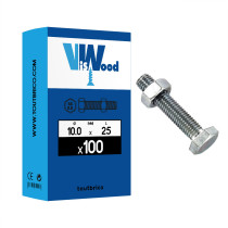 Boite 100 boulons 10 X 25mm tête hexagonale - classe 8.8 zingué - Viswood