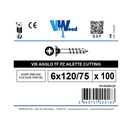 Boite 100 vis agglo anti fendage 6 x 120mm tête fraisée Pozidriv filetage partiel zingué - Viswood