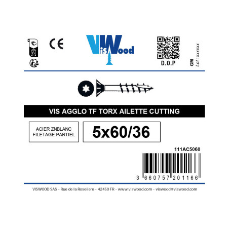 Vis agglo 5 X 60mm tête fraisée torx filetage partiel zingué à l'unité - Viswood