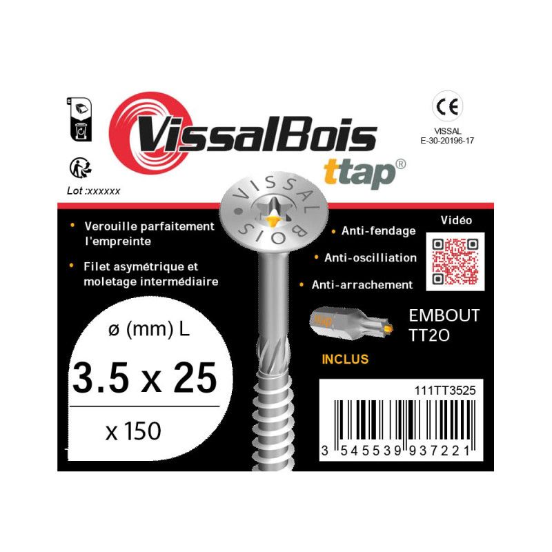 Boite 500 vis bois TTAP 3,5 X 16mm filetage total asymétrique