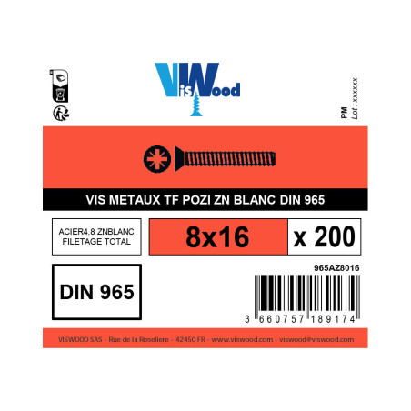 Boite 200 vis à métaux 8 X 16mm tête fraisée zingué - Viswood