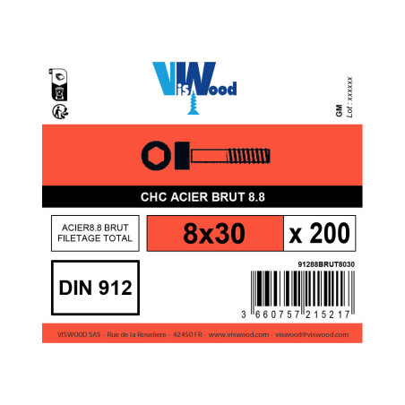 Boite 200 vis 6 pans creux 8 X 30mm CHC 8.8 brut - Viswood