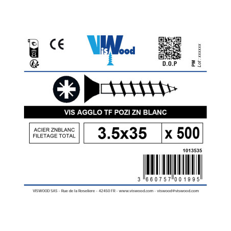 Boite 500 vis agglo 3,5 X 35mm tête fraisée pozidriv filetage complet zingué - Viswood