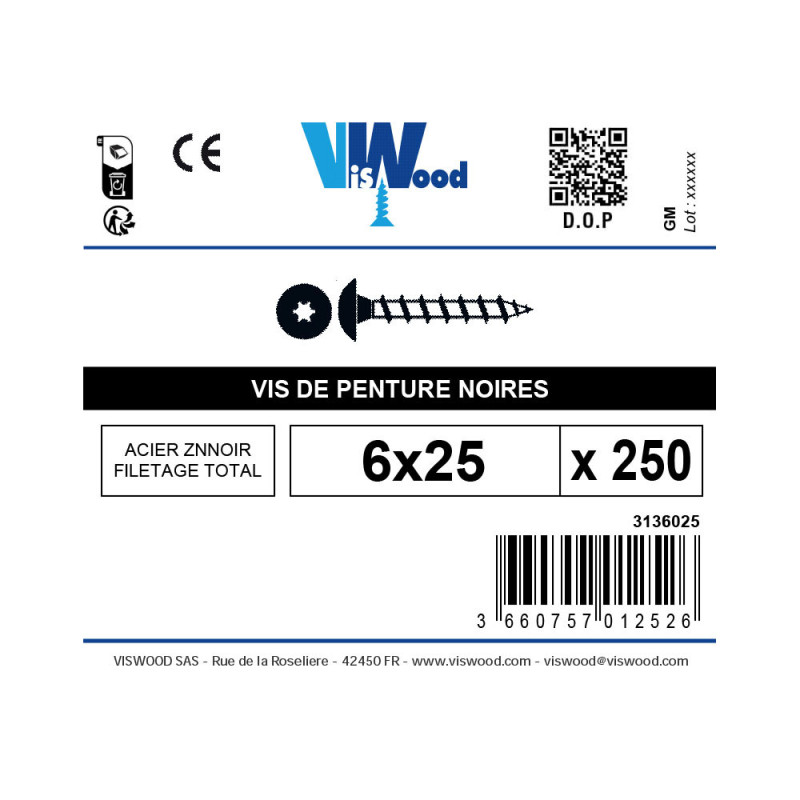 Vis bois penture Torx 6 x 25 mm Zinguée noire - Boite de 250 pcs