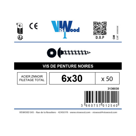 Boite 50 vis penture 6 x 30mm zingué noir - Viswood