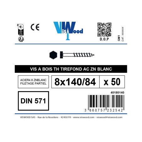 Boite 50 vis à bois 8 X 140mm tête hexagonale zingué - Viswood