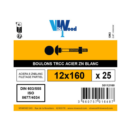 Boite 25 boulons TRCC 12 X 160mm zingué - Viswood