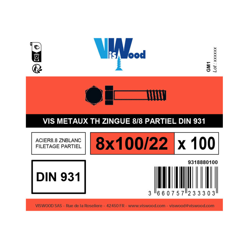 Vis à tête hexagonale (TH) - Filetage Partiel - DIN 931 - M 6 x 100 -  Classe 8.8 - Zingué