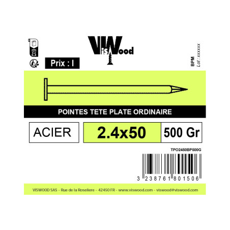 Boite 500g pointe tête plate europe 2,4 x 50mm acier poli - Viswood