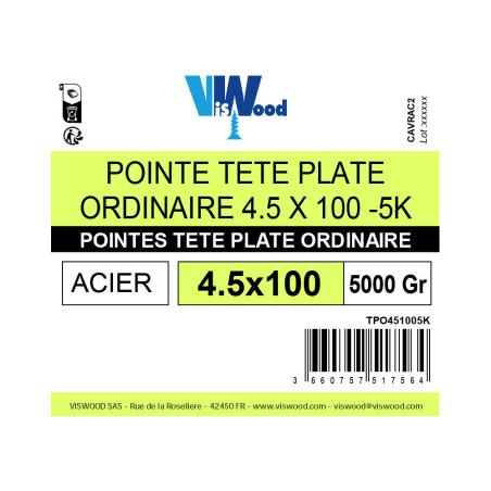 Boite 5Kg pointe tête plate 4,5 x 100mm europe ordinaire acier poli - Viswood