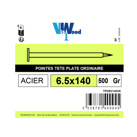 Boite 500g pointe tête plate europe 6,5 x 140mm acier poli - Viswood
