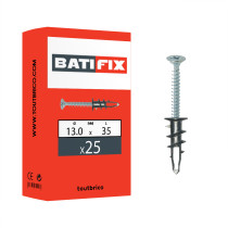 Boite 25 ancrages métalliques à visser 13 x 35mm pour plaque de plâtre + vis métrique tête fraisée - Batifix